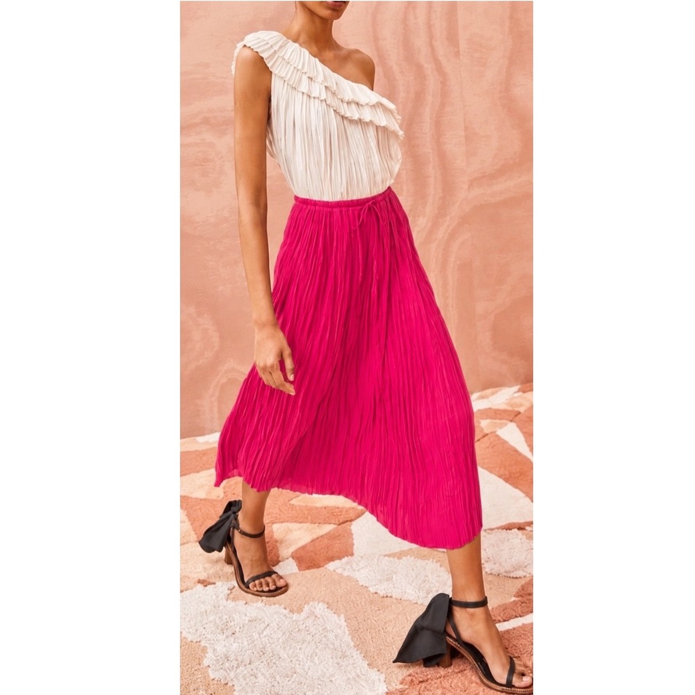 Ulla Johnson Dioni Skirt Orchid Hot Pink Pleat Crinkle Plisse Satin Midi Size 0